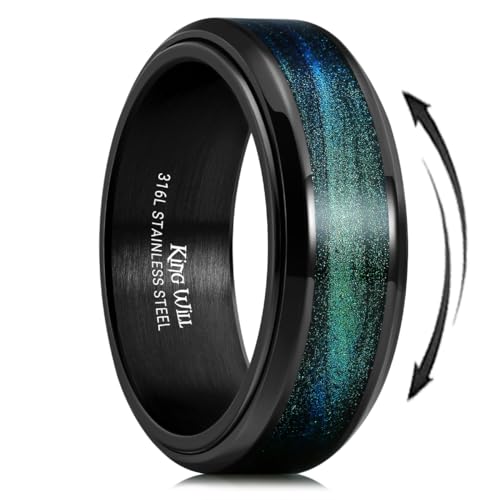 King Will Mens 8mm Stainless Steel Rings Anxiety Fidget Spinner Ring Black Plated Blue Green Galaxy Sand Inlay Beveled Edge Spinning Wedding Bands Comfort Fit Size 7-12