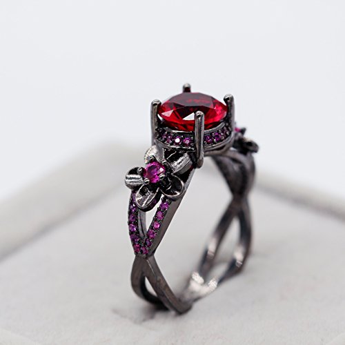 Uloveido Black Infinity Flower Promise Rings for Women with Cushion Cut Red Cubic Zirconia Stone Engagement Wedding Jewelry Y3574