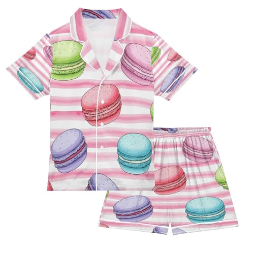 Satin Pajama Sets Short Sleeve Macaron Pattern Stripes Button Down Silky Nightwear 2 Piece PJS 5-14Y