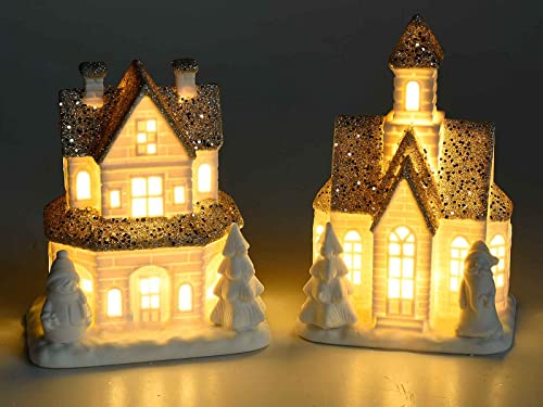 KONTARBOOR Weihnachtsdorf mit 2 Häusern aus Porzellan und LED-Lichtern und Pailletten Cover