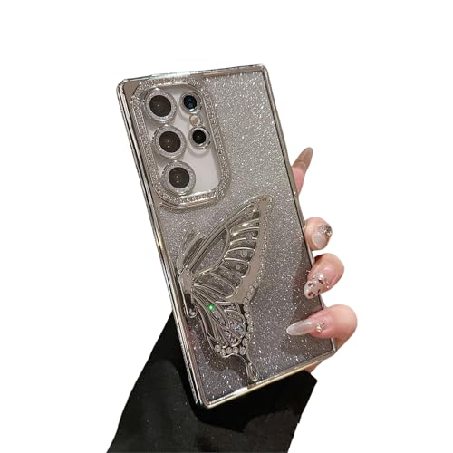 Coque Samsung S22 Ultra effet paillettes argentées et motif papillon
