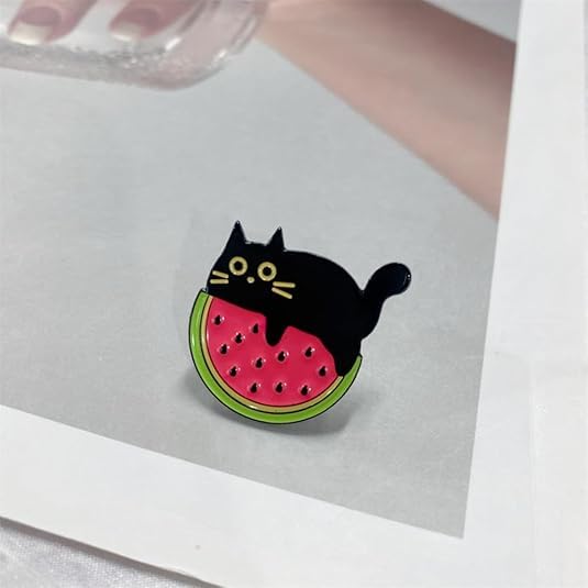 Image of Cute Black Cat Watermelon Enamel Brooch Pin Funny Novelty Cartoon Animal Fruit Lapel Pins Clothing Backpacks Jackets Collar Badges DIY Decoration Jewelry Kawaii Creative for Women Girls Boys