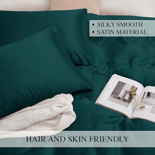 Image of Homestan Satin Bedsheet for King Size Bed with 2 Pillow Covers, Modern Bed Sheet for Romantic Nights(100x108 inches, Peacock Green)