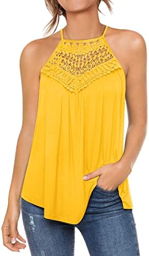 MIHOLL Womens Summer Casual Sleeveless Yellow Shirts Lace Flowy Spaghetti Strap Cami Tank Tops (Yellow, Small)