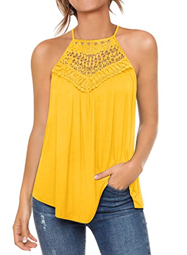 Miholl Womens Summer Casual Sleeveless Yellow Shirts Lace Flowy Spaghetti Strap Cami Tank Tops (Yellow, Small) #TOP23