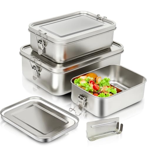 304 Edelstahl Brotdose 3 St&uuml;ck, Lunchbox Edelstahl Mit Deckel, 2400/1400/850 ml, Auslaufsicher und Stapelbar, Edelstahl-Frischhaltedosen F&uuml;r Suppe, Salat, Reste