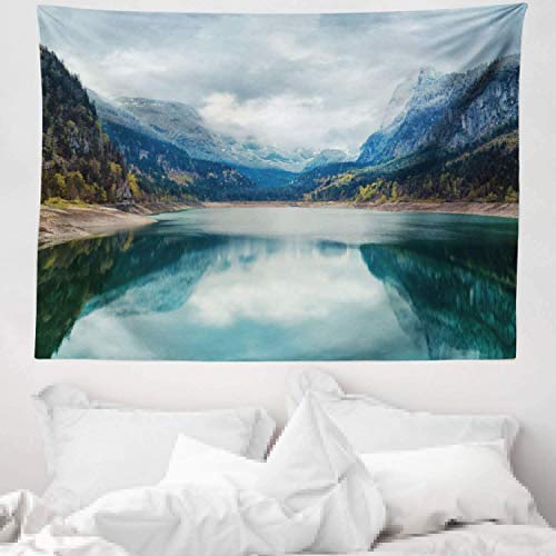 ABAKUHAUS Paisaje Tapiz de Pared y Cubrecama Suave, Lago Alpino con Cielo Dreamático Bosque y Montañas Viaje Fantástico Arte, Fácil de Lavar No Destiñe, 150 x 110 cm, Green