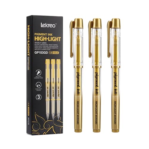 Lekreo Gold Silver White Ink Gel Pens 1mm Medium Fine Point Opaque archival Ink Pen for Dark Paper Drawing Sketching Illustration Card Making Bullet Journaling (Gold Ink-3 Packs)