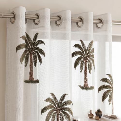 Image of LINENWALAS Cotton Linen Printed Sheer Curtain Set of 2 Panels with Eyelet Hanging, Palm Tree Printed Window Curtains Non Blackout Light Filtering Curtains (5 Feet, White Palm Tree)