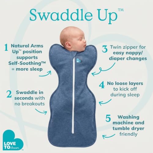 Image of Love to Dream Swaddle UP, Baby Sleep Sack, Self-Soothing Swaddles for Newborns, Improves Sleep, Secure Fit Helps Calm Startle Reflex, New Born Essentials for Baby, 8-13lb, Denim