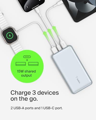 Image of Belkin Portable Charger, USB C Power Bank 10,000mAh w / 2xUSB-A Ports, 15W w /Type-C to Type-A Cable for iPhone 17, Air, Samsung Galaxy S25, iPad, Nintendo Switch 2, Google Pixel 10, etc. - Pearl Blue