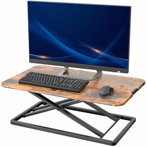 Image of VIVO Vintage Brown 29 in Single Top Standing Desk Converter, DESK-V000UN | Economy, Height Adjustable Rustic Sit Stand Tabletop Monitor and Laptop Riser Workstation, No Assembly Required, Black Frame