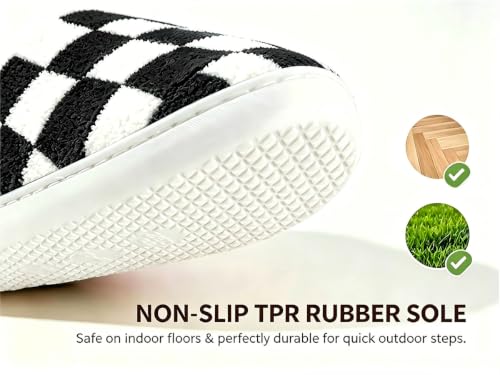 Image of Checkered Slippers for Women and Men - Fuzzy House Slippers with Memory Foam, Comfy Plush Fluffy Indoor House Shoes, Cozy Warm Slip on Bedroom Slippers with Non-Slip Sole