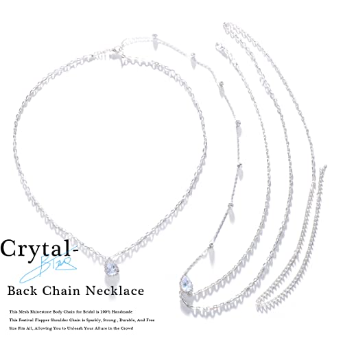 Stonefans Long Crystal Back Necklace Body Chains For Women Silver Wedding Cubic Zirconia Backdrop Necklace Festival Dress Body Jewelry (Silver) #TOP2