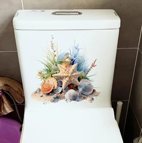 Ocean Shell Starfish Coral Toilet Cover Sticker Decals Waterproof Toilet Lid Tank Seat Decals Cistern Self-Adhesive Bathroom Wall Sticker