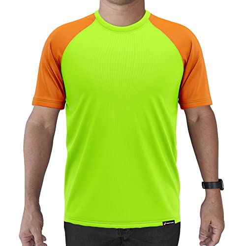 Camiseta Manga Curta Adstore Verde Neon e Laranja Masculina Térmica UV Segunda Pele Compressão (G)