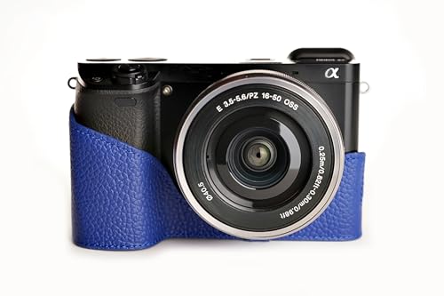 Housse en cuir véritable pour Sony A6000 demi-coque TP Main bleu