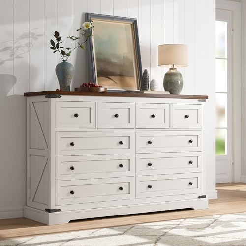 Image of EnHomee 10 Drawer Dresser for Bedroom,55.11" W Farmhouse Dressers and Chests of Drawers with Smooth Metal Rail,Large and Wide TV Stand Hallway,Antique White,14.9" D x 55.11" W x 35.6" H