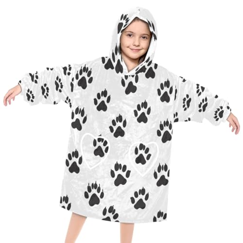 Wearable Blanket Hoodie for Kids, Black cat paw print Fleece Sweatshirt Blanket Black cat footprints Oversized Blanket Sweatshirt with Pocket Flannel Warm Hooded Blanket 6-10 Year Old Girl Boy Gift