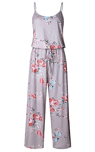 Floral Printed Jumpsuits Women Halter Sleeveless Wide Long Pants Jumpsuit Rompers (L, Khaki) #TOP4
