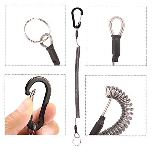 BB Hapeayou Fishing Lanyard (10Pcs) Retractable Safety Coiled Tether with Carabiner and Split Ring for Pliers, Boating, Tools(Black)