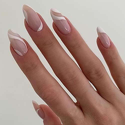 RODAKY Coffin Prees on Nails Glossy White Flame Stripe Full Cover Medium False Nails Ballerina Nail Art Set DIY Artificial Acrylic Fake Nail Tips Stick on Nails for Women 24PCS