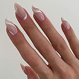 RODAKY Coffin Prees on Nails Glossy White Flame Stripe Full Cover Medium False Nails Ballerina Nail