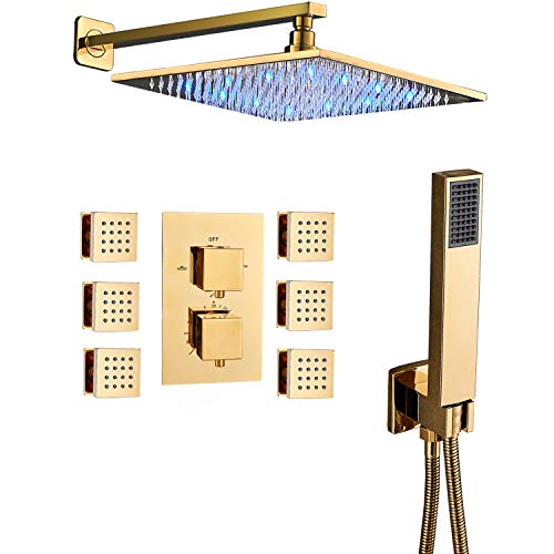 Senlesen Wall Mounted Thermostatic 12-inch LED Rainfall Shower Set Body Massage Sprays