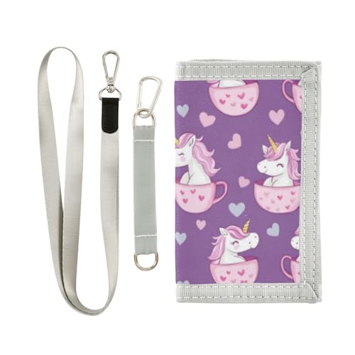 Wusikd Cute Unicorns Kids Wallet for Boys Girls Pink Mug Hearts Toddler Trifold Wallet Novelty Wallet for Teens Women Men