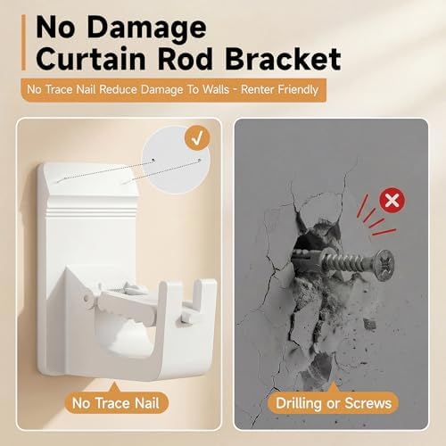 Universal Heavy Duty Curtain Rod Brackets, No Drill Curtain Rod Brackets with Adhesive & Invisible Nail, 30+LB Load Curtain Rod Holders, Damage Free Curtain Rod Hooks for Wall, Bathroom, Kitchen 2PC - 3