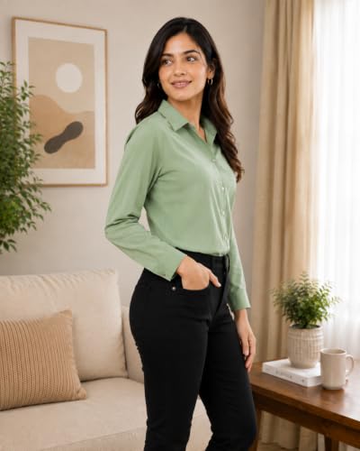 Image of FUNDAY FASHION Women Solid Regular Fit V Collered Casual Shirt