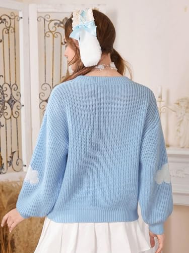 Image of WDIRARA Women's Cloud Pattern Round Neck Long Sleeve Sweater Casual Knit Pullovers Blue L