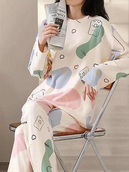 Image of Women's Pajama Set with Top & Pants|| Korean Night Wear|| Loose Fit Home Wear || Lightweight Printed Set || Soft & Comfy Girls & Women