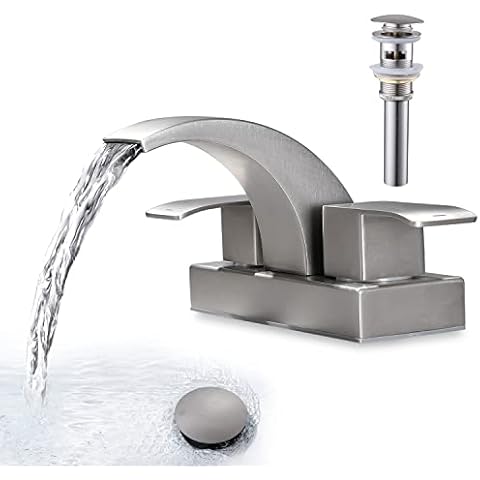 BANGPU 4-Inch Centerset Waterfall Bathroom Faucet, 2 Handle Bathroom Sink Faucet with Metal Pop Up Drain & Supply Lines Farmhouse RV Lavatory Faucet Mixer Tap, Brushed Nickel Cover