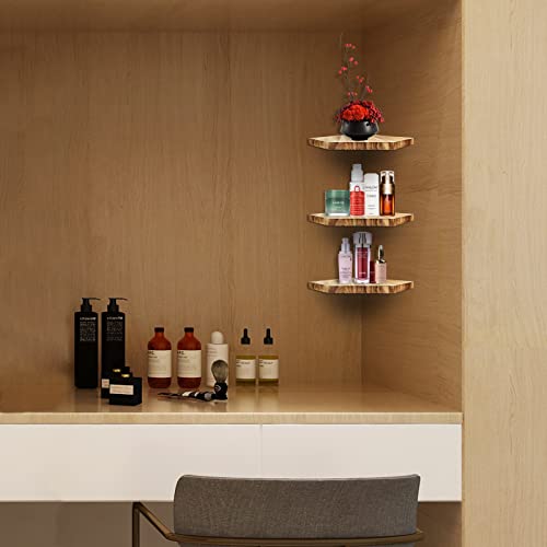 Hao Floating Corner Wall Shelves Small Rustic Wall Mounted Wood Diamond Shape Shelf With Cable Wire Hole Pattern For Bedroom Living Room Bathroom Kitchen Set Of 3 Carbonized Black 7.75 Inch Dia. #TOP4