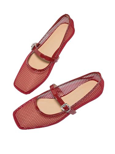 MakeMeChic Womens Lace Mesh Ballet Flats Comfortable Summer Dressy Flats Square Closed Toe Shoes Red 7.5