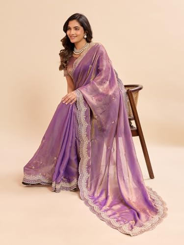 Image of Embellished Embroidered Pure Chiffon Heavy Work Saree
