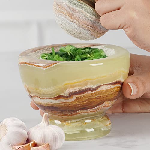 Marblous Krafts Big Marble Mortar & Pestle Set, 4X4.5 Inches Grinder Set | Grinder For Spices, Pill Crusher. Marble Kitchen Accessories & Seasoning Set Avocado Masher & Mushroom Grinder (Green Onyx) #TOP2