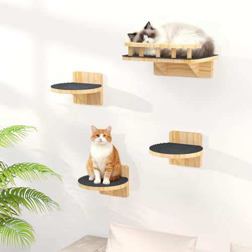 Image of XiaZ Cat Wall Shelves, Cat Wide Climber Shelf with 3 Perch Steps, Kitty Wall Mounted Wooden Furniture up to 25lbs, Durable Floating Cats Stairs for Indoor Sleeping, Playing, Climbing and Lounging