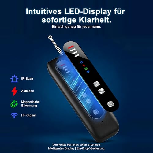 Wanzen Detektor,Versteckte Kamera Detektor mit Dual-Sensor und LED Anzeige,RF Wireless GPS Tracker Finder, Abhörgeräte Detektor,Tragbarer Überwachungsschutz für Airbnb/Hotel/Auto/Büro