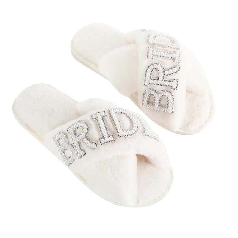 Bride Slippers for Wedding Day White Fuzzy Slippers with Pearls for Bachelorette Party Bridal Shower Gifts3