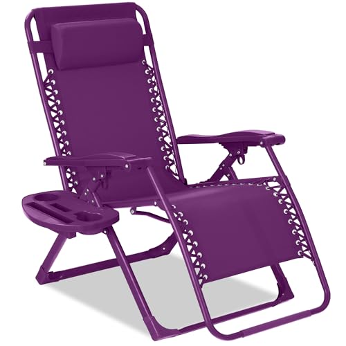 Best Choice Products Adjustable Zero Gravity Chair, Monochromatic Color Folding Patio Recliner w/Side Tray, Headrest - Amethyst