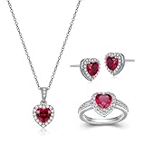 MORGAN & PAIGE .925 Sterling Silver Rhodium Plated Created Ruby and White Sapphire Halo Heart Jewelry Set - Pendant Necklace 18in, Ring Size 7 and Stud Earrings for Women, July Birthstone Jewelry