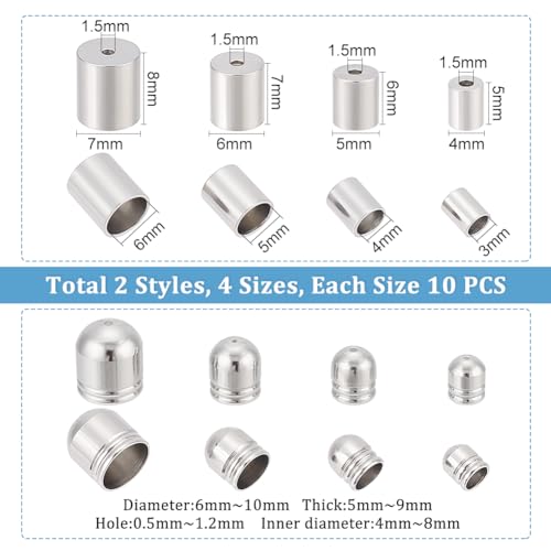 UNICRAFTALE 80 STK 2 Stile 8 Größen 304 Edelstahl Kordelenden Metall Endkappen Säulen Kordel Endkappen Leder Kordel Enden Terminatoren Schmuck Endspitze Perlenkappen Für DIY Armbänder Ohrringe