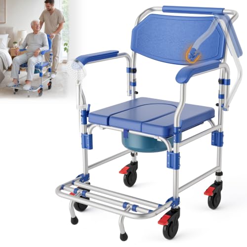 Image of 4-in-1 Bedside Commode Wheelchair with Drop Arms & Lockable Casters