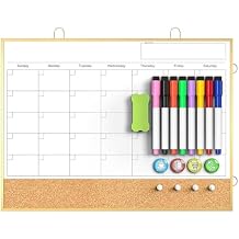 Calendar Whiteboard for Wall, 16"X12" Small Dry Erase Board Cork Board Combo, Hanging Double-Sided Magnetic White Board Monthly Calendar for Office, Kitchen, Home, Planner, Memo