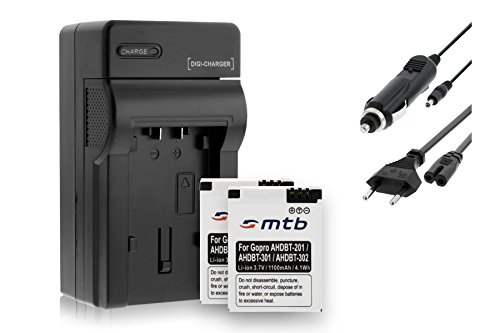 Cargador + 2X Baterías AHDBT 301 Compatible con Gopro Hero3 / Hero3+ Black, White & Silver Edition