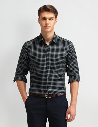 Image of Arrow Men Slim fit Cotton Checked Long Sleeves Semi-Cutaway Collar Shirt