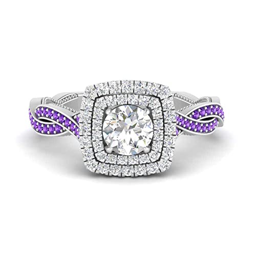 Image of Choose Your Gemstone Double Halo Twisted Shank Engagement Ring 925 Sterling Silver Round Shape Double Halo Engagement Ring Lightweight Office Wear Everyday Gift Jewelry US Size 4 to 12