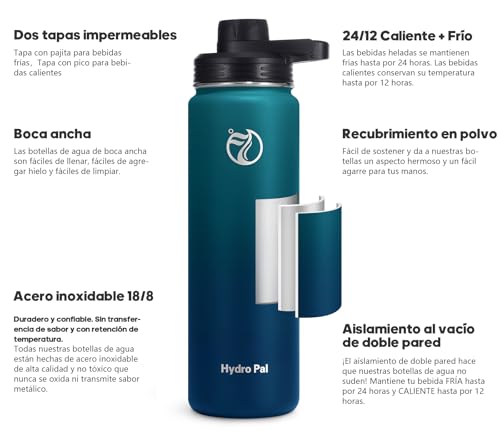 HydroPal Edelstahl Trinkflasche - 500/750ml/ 1L/1.2L/1.9L, BPA-Frei, Kohlensäure geeignet, Isolierte flasche mit Strohhalm & 2 Deckel 2